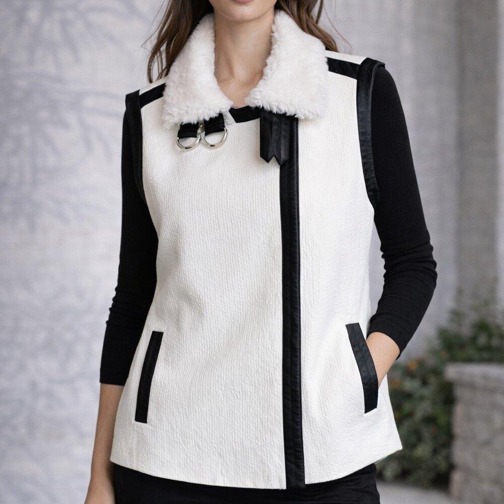 Chico's Ivory Black Label Shearling Collar Leather Trim Moto Vest SZ XL 3 Chic